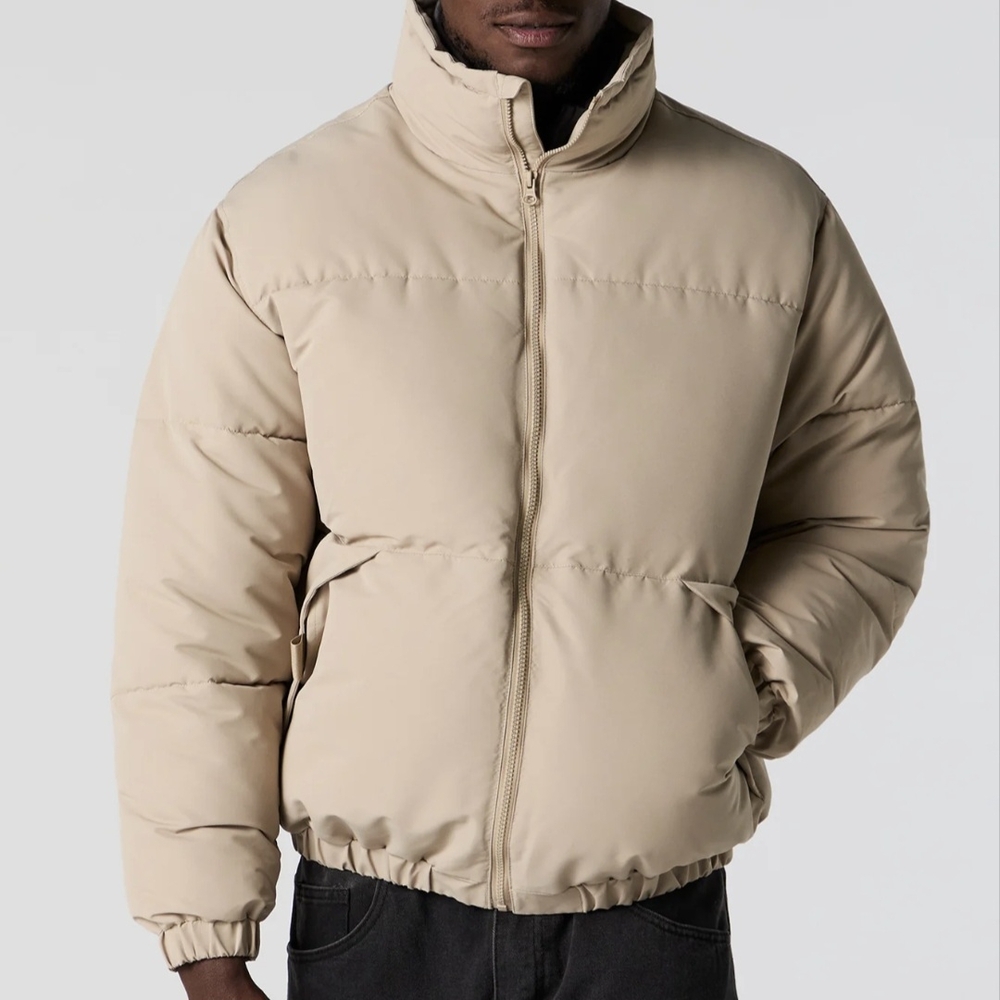 Cream Quilted Puffer Jacket with High Collar